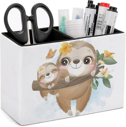 Niapessel Pencil Holder for Desk, Cute Little Sloth Pen Holder Storage Desktop Pen Organizer Desk Pencil Organizer Makeup Brush Holder for Office School College Leather