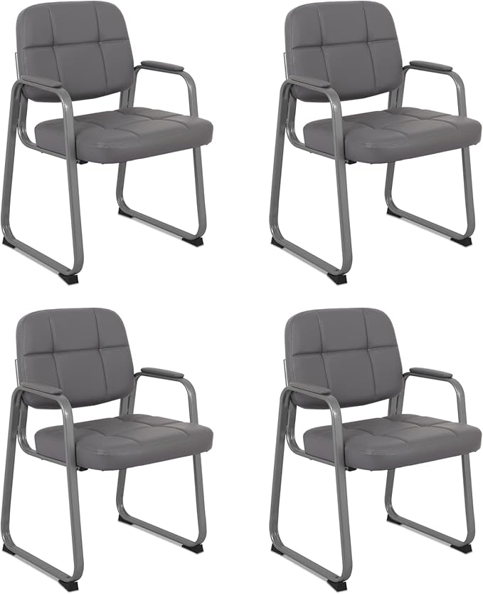 CLATINA Waiting Room Chairs with Padded Arms Leather Guest Chair no Wheels for Office Reception and Conference Desk with Sled Base Grey, 4PK