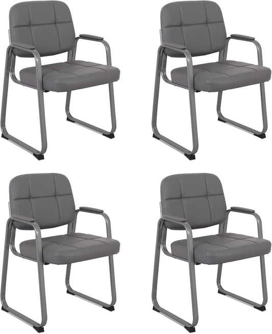 CLATINA Waiting Room Chairs with Padded Arms Leather Guest Chair no Wheels for Office Reception and Conference Desk with Sled Base Grey, 4PK
