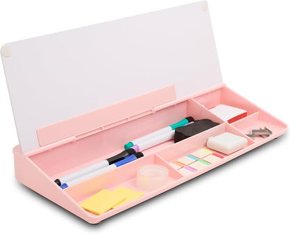 GAROOD Desktop Dry Erase Board with Storage (Pink Base) Desk White Board Desk Board Glass Desktop White Board with Stand Home Office Organizer Phone Holder 15.8X7X2 inches