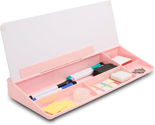 GAROOD Desktop Dry Erase Board with Storage (Pink Base) Desk White Board Desk Board Glass Desktop White Board with Stand Home Office Organizer Phone Holder 15.8X7X2 inches