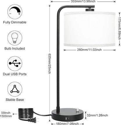 Seaside village Table Lamp for Bedroom with USB C+A Ports, Fully Stepless Dimmable Farmhouse Bedside Lamp Nightstand Light, Tall Reading Desk Lamp for Living Room, Office, 9W LED Bulb Included