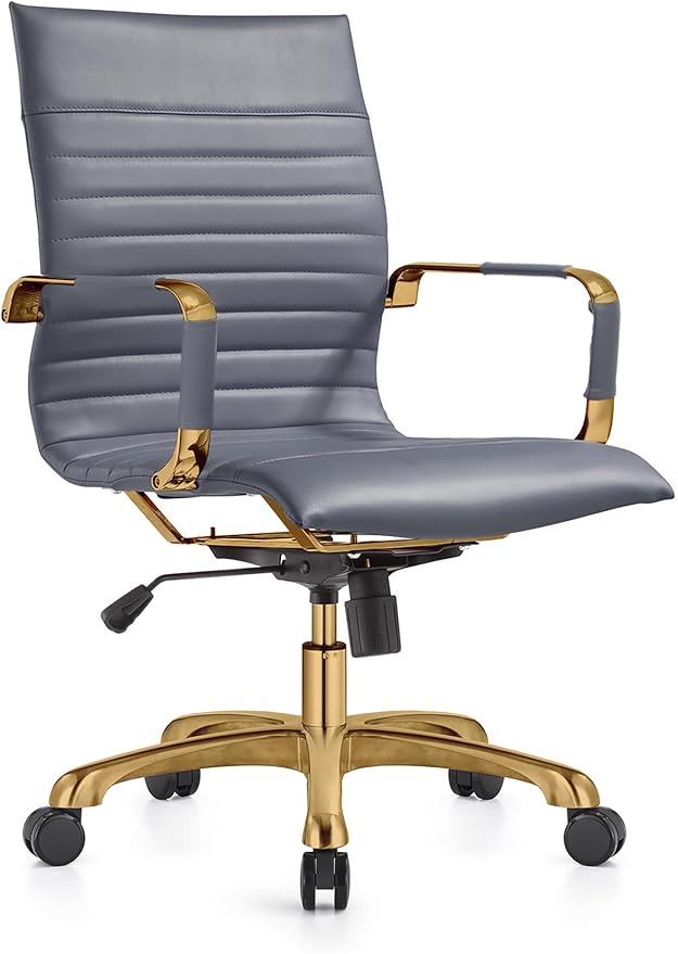 LeisureMod Harris Modern Ergonomic Executive Office Chair, High-Back Leather Conference Desk Chair with Adjustable Height, Tilt Control, 360° Swivel & Gold Frame for Home Office