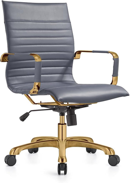 LeisureMod Harris Modern Ergonomic Executive Office Chair, High-Back Leather Conference Desk Chair with Adjustable Height, Tilt Control, 360° Swivel & Gold Frame for Home Office