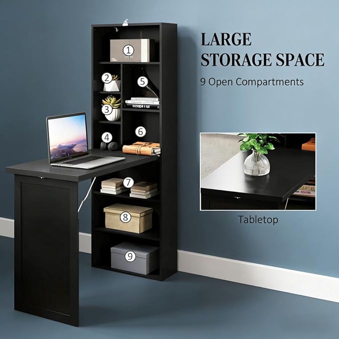 Foldable Wall Mounted Desk with Storage Shelves & Blackboard, Fold-Out Convertible Writing Table for Small Spaces | Space-Saving Floating Computer Desk for Home Office (Black)