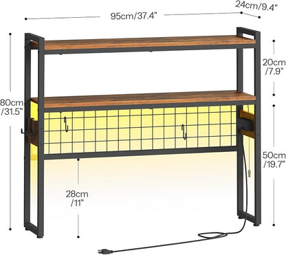 HOOBRO Desktop Bookcase, 37.4" Large Desk Shelf, 2-Tier Desktop Organizer, Wooden Office Storage Rack with Outlets, Display Shelf Rack with Light Strip, Desk Hutch for Office, Rustic Brown BF13UDSJ01