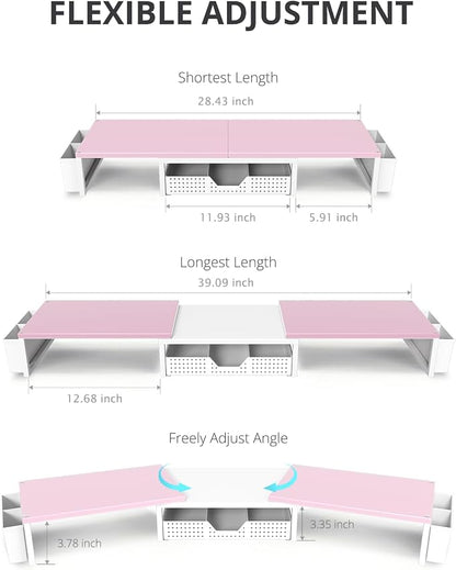 OPNICE Desk Organizers and Accessories, Dual Monitor Stand Riser with Drawer and 2 Pen Holders, Desk Shelf Wood Computer Racks for Office Workspace Organizers, Desktop Organization (Pink-White Wood)
