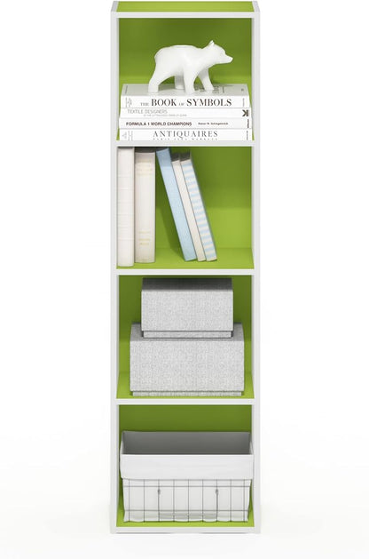 Furinno PASIR Book Shelf, 4-Tier Modern Bookshelf, Open Shelves Bookcase 9 x 12 x 42, Easy Assembly, for Living Room, Bedroom, Home Office, Green/White