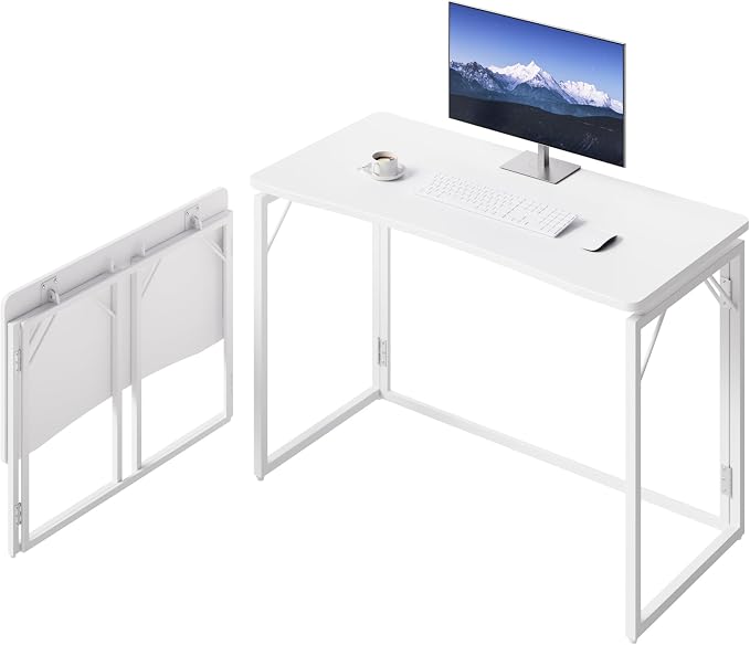 JOYMOOP White Folding Desk - 40", No Assembly Middle Size Foldable Desk for Home, Office, Wooden Top Folding Computer Desk for Working, Writing, Studying
