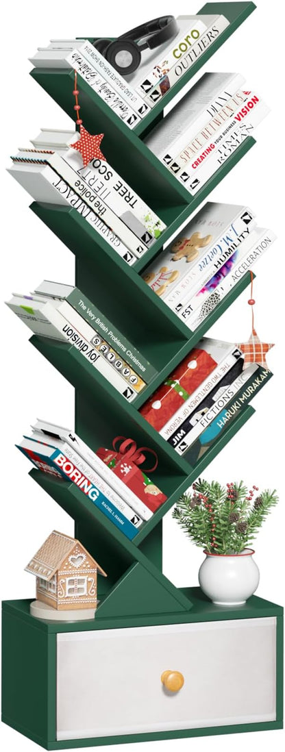 SHEEPAM 8 Tier Tree Bookshelf with Drawer, Free Standing Wood Green Bookcase for Narrow Space, Storage Organizer Bookshelves for Books, Book Case for Home Office, Living Room, Bedroom