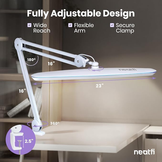 Neatfi XL 2,200 Lumens 24W LED Desk Lamp – 23” Wide Shade | Dimmable Eye-Caring Task Light | Adjustable Arm | Home Office, Study, Crafts & Nail Tech (White, Non-CCT with Clamp)
