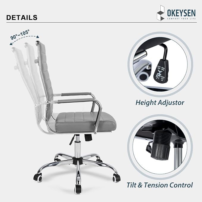 Okeysen Ergonomic Office Desk Chair, Modern PU Leather Conference Room Chairs Ribbed, High Back Executive Swivel Rolling Chair for Home, Office