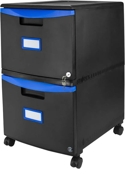 Storex Plastic Two-Drawer Mobile Pedestal File Cabinet – Locking Document Organizer with Casters for Home and Office, Black, 1-Pack (61314C01C)