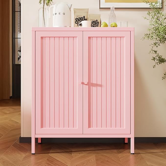 2 Door Metal Storage Cabinet-Small Bathroom Storage Cabinet with 1 Adjustable Shelf,Freestanding Sideboard for Home Office, Living Room, Hallway, Entryway (Striped Door, Pink)