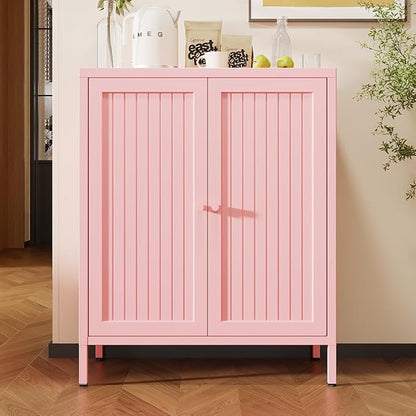 2 Door Metal Storage Cabinet-Small Bathroom Storage Cabinet with 1 Adjustable Shelf,Freestanding Sideboard for Home Office, Living Room, Hallway, Entryway (Striped Door, Pink)