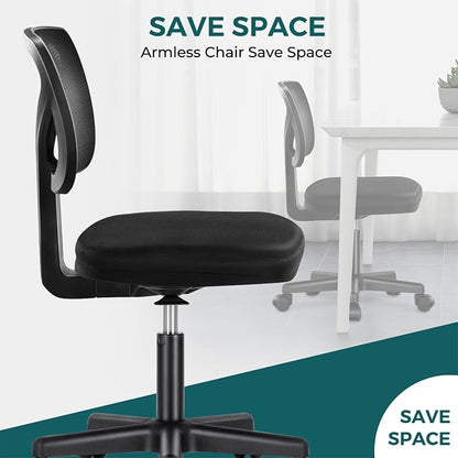 DUMOS Armless Desk Chairs Set of 2, Ergonomic Adjustable Home Office Swivel Rolling Task Chair No Arms, Comfy Mesh Mid Back Computer Work Vanity Desk Chiars with Wheels for Small Spaces, Black