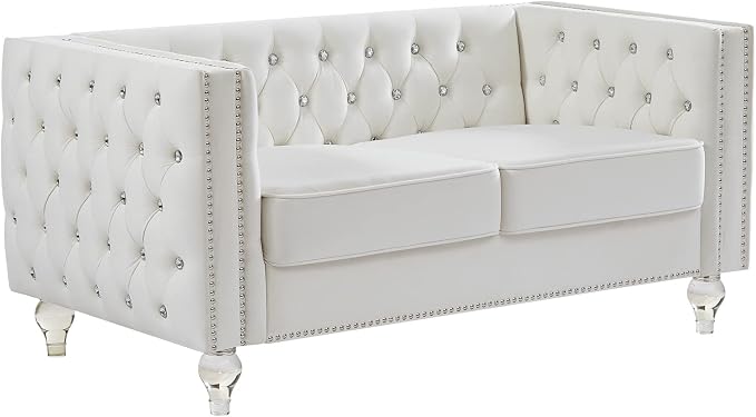 mikibama Velvet Loveseat with Buttons and Square Arms 59 Inch Tufted Sofa with Trimmed Nailhead and Acrylic Legs Loveseat Couch for Living Room,Bedroom (Beige-Crystal Legs, Loveseat)