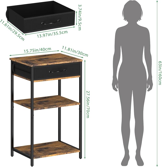 Printer Stand with Fabric Drawer, 3-Tier Industrial Sturdy Under Desk Printer Cart with Open Storage, Narrow Printer Table for Home Office, Fits Printer Scanner Fax Machine, Rustic Brown