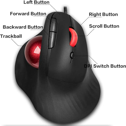 JOMAA Wired Trackball Mouse – 6-Button Ergonomic Design with CPI Switch (400/800/1200/1600), Red LED Indicator, 250Hz Polling Rate, Plug & Play, for PC, Laptop, Desktop (Red)