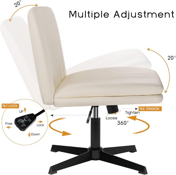 PUKAMI Criss Cross Chair,Comfy Cross Legged Office Desk Chair No Wheels,Modern Fabric Swivel Adjustable Height Mid Back Wide Seat for Home Office Computer (Pu Beige)