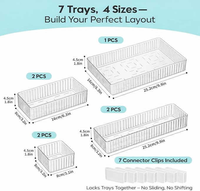7 Pcs Clear Stackable Drawer Organizer Bins with 7 Connector Clips | 4 Sizes Interlocking Trays for Bathroom, Vanity, Makeup, Office Desk & Kitchen; Clear PET, Non-Slip, Stackable