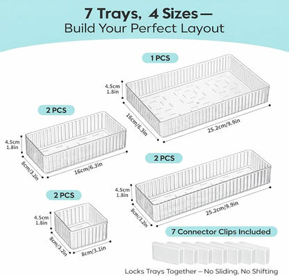 7 Pcs Clear Stackable Drawer Organizer Bins with 7 Connector Clips | 4 Sizes Interlocking Trays for Bathroom, Vanity, Makeup, Office Desk & Kitchen; Clear PET, Non-Slip, Stackable