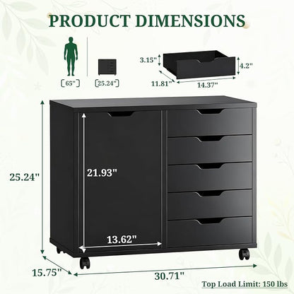 5 Drawer File Cabinet with Wheels, Rolling Office Storage Cabinet with Shelves and Door, Printer Stand with Drawers, Under Desk Filing Cabinet with Wood Board, Black
