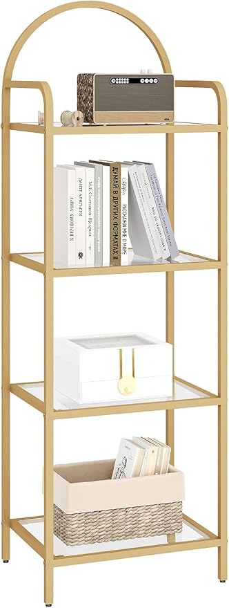 Hzuaneri Bookcase Bookshelf, Tempered Glass Bookshelves, Slim Shelving Unit for Bedroom, Bathroom, Home Office, Steel Frame, 4 Tier Gold BC04001G