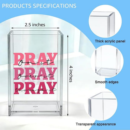 Pray On It Pray Over It Acrylic Organizer Pencil Pen Holder, Christian Desk Organizer Gifts for Women Friend Coworker, Religious Inspirational Office Desk Decor, Pink Faith Pencil Holder