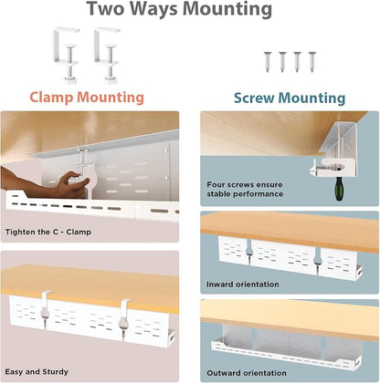 Univivi Under Desk Cable Management Tray - 32" Steel Cord Organizer, No-Drill C-Clamp & Screw Mount for Office/Home, Effortless Wire Management (White)