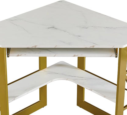VECELO Corner Desk Computer Desk Writing Table with Smooth Keyboard Tray&Storage Shelves for Small Spaces/Compact Home Office Triangle Table,Gold & White