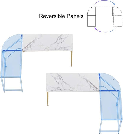 Teraves Reversible L Shaped Desk White - 66.1" Corner Gaming Computer Desk, Office Workstation Modern Home Study Writing Table, Marble Gold