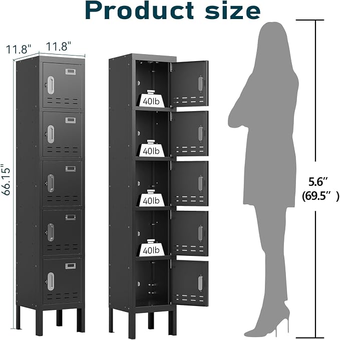 BUTISOW Metal Lockers - 66" Height Steel Lockers for Employees with 5 Door Storage Locker with Card Slot for Employees Gym School Home Office Garage - Assembly Required
