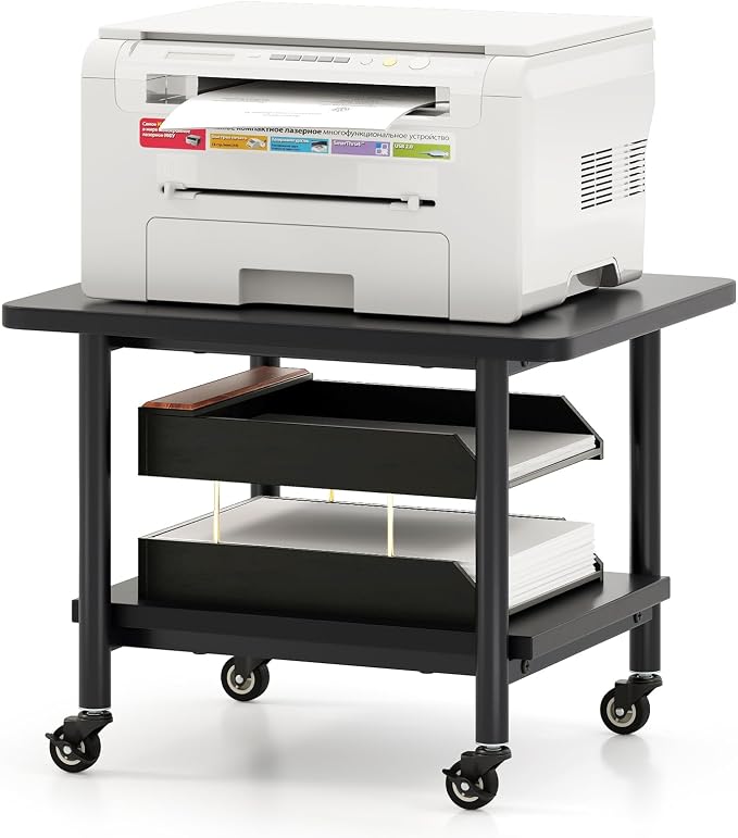 GOFLAME Under Desk Printer Stand, 2-Tier Mobile Printer Table with Storage Shelf, Metal Frame, Rolling Printer Cart Holder Storage Rack with Lockable Wheels for Home Office, Black