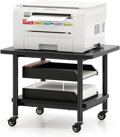 GOFLAME Under Desk Printer Stand, 2-Tier Mobile Printer Table with Storage Shelf, Metal Frame, Rolling Printer Cart Holder Storage Rack with Lockable Wheels for Home Office, Black