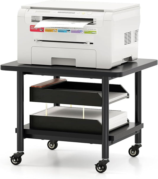 GOFLAME Under Desk Printer Stand, 2-Tier Mobile Printer Table with Storage Shelf, Metal Frame, Rolling Printer Cart Holder Storage Rack with Lockable Wheels for Home Office, Black