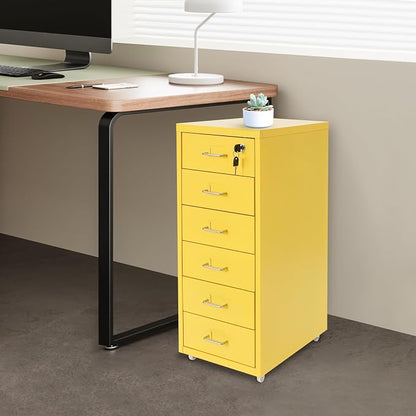 Vertical File Cabinet, 6 Drawers Rolling File Organizer Cabinets with Lock, Heavy Duty Metal Storage Cabinet, Movable Under Desk Filing Cabinet for Office, Study, Dresser (Yellow)