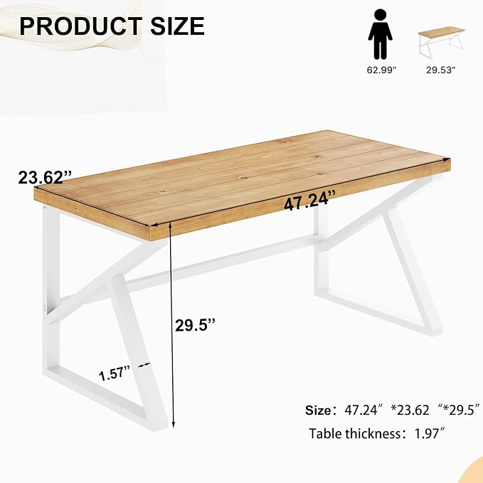 IBF 100% Solid Wood Desk, Minimalist Natural Real Wood Computer Desk, Rustic Desk for Home Office Writing Study, Industrial Wooden PC Gaming Workstation Table, Natrual Oak 47 inch