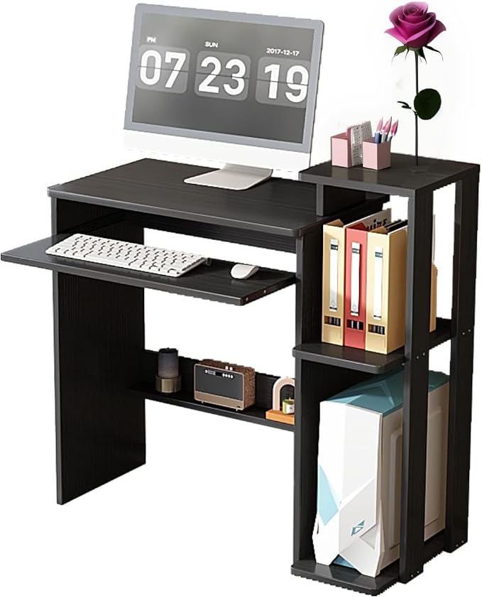 35" Compact Computer Desk with 3-Tier Storage Shelves & Keyboard Tray – Small Study Table for Bedroom or Home Office (Black)