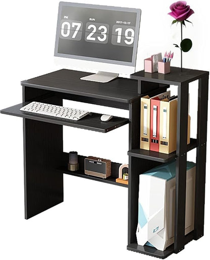 35" Compact Computer Desk with 3-Tier Storage Shelves & Keyboard Tray – Small Study Table for Bedroom or Home Office (Black)