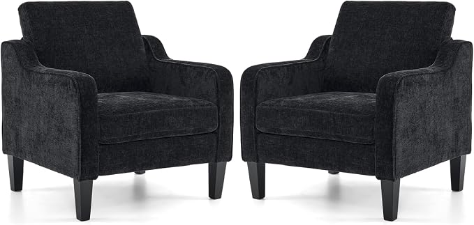 VINGLI Living Room Chairs Set of 2, Black Accent Chair 5.5" Thick Seat Cushion Comfy Chair Soft Chenille Side Chair Upholstered Arm Chair for Bedroom, Play Room, Apartment, Office (Black)