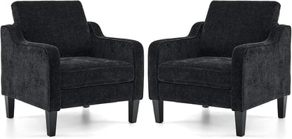 VINGLI Living Room Chairs Set of 2, Black Accent Chair 5.5" Thick Seat Cushion Comfy Chair Soft Chenille Side Chair Upholstered Arm Chair for Bedroom, Play Room, Apartment, Office (Black)