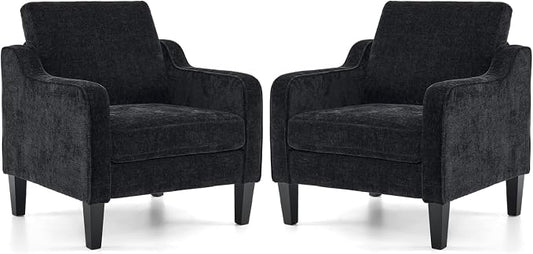 VINGLI Living Room Chairs Set of 2, Black Accent Chair 5.5" Thick Seat Cushion Comfy Chair Soft Chenille Side Chair Upholstered Arm Chair for Bedroom, Play Room, Apartment, Office (Black)
