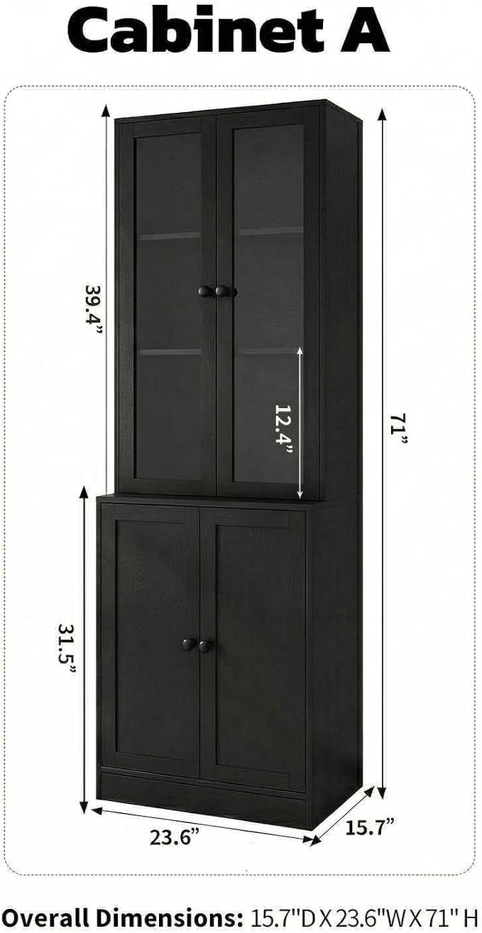 TUSY 71'' Bookshelf with Doors - 5 Tier Freestanding Tall Bookcase, Modern Storage Cabinet for Home Office, Curio Cabinets with Glass Door for Living Room, Bedroom (1, Black)