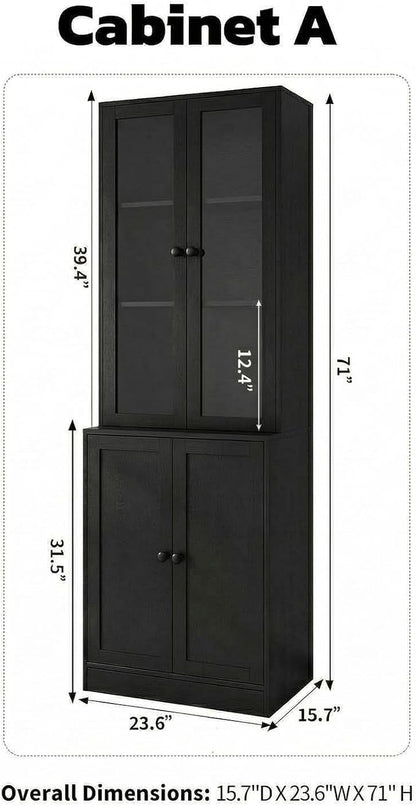TUSY 71'' Bookshelf with Doors - 5 Tier Freestanding Tall Bookcase, Modern Storage Cabinet for Home Office, Curio Cabinets with Glass Door for Living Room, Bedroom (1, Black)