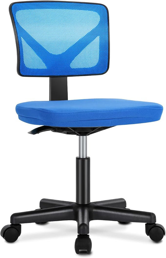 DUMOS Small Office Chairs with Wheels, Ergonomic Adjustable Home Desk Swivel Rolling Task Chair No Arms, Comfy Mesh Mid Back Computer Work Vanity Desk Chairs for Small Spaces, Blue