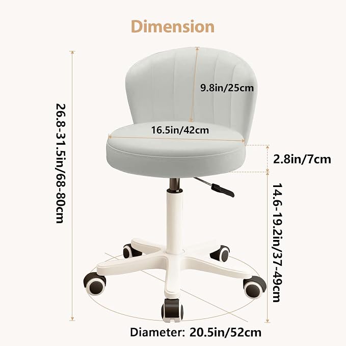 Small Desk Chair Round Rolling Chair with Back PU Leather Height Adjustable Swivel Vanity Work Computer Stool Chair for Home Office Bedroom, Set of 2
