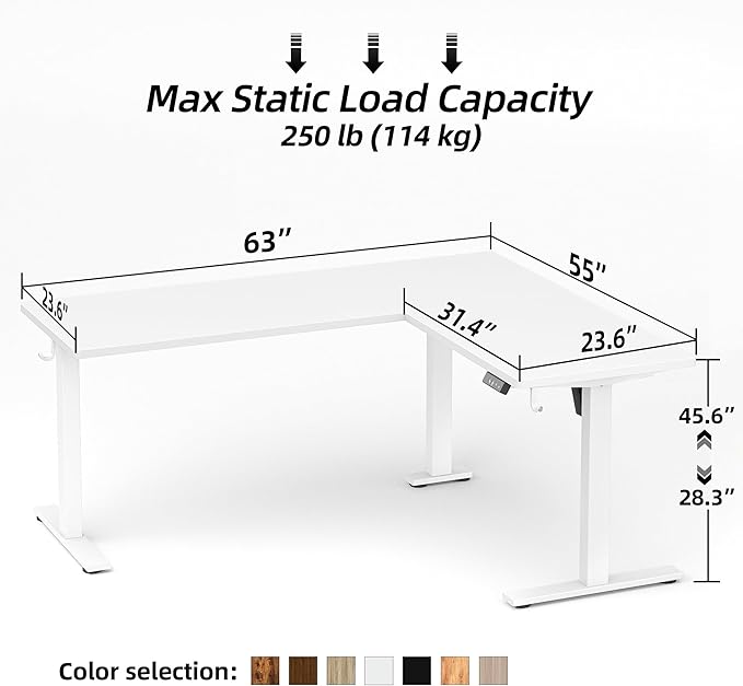 TIQLAB L Shaped Standing Desk Adjustable Height, Electric Corner Standing Desk, 63 x 55 inch Sit Stand Computer Table with Splice Board, White