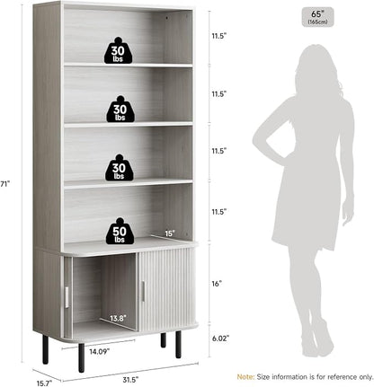ONBRILL 71" Tall Bookshelf, 4-Tier Bookcase with Storage Cabinet & Adjustable Shelves, Freestanding Wood Bookshelf with Sliding Door and Adjustable Footpad, for Home Office, Living Room, Natural White
