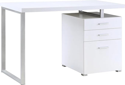 Coaster Home Furnishings Brennan Modern Contemporary Home Office 3-Drawer Writing Desk with Drawers Computer Desk Study Table File Cabinet Storage Silver Metal Frame White 800325